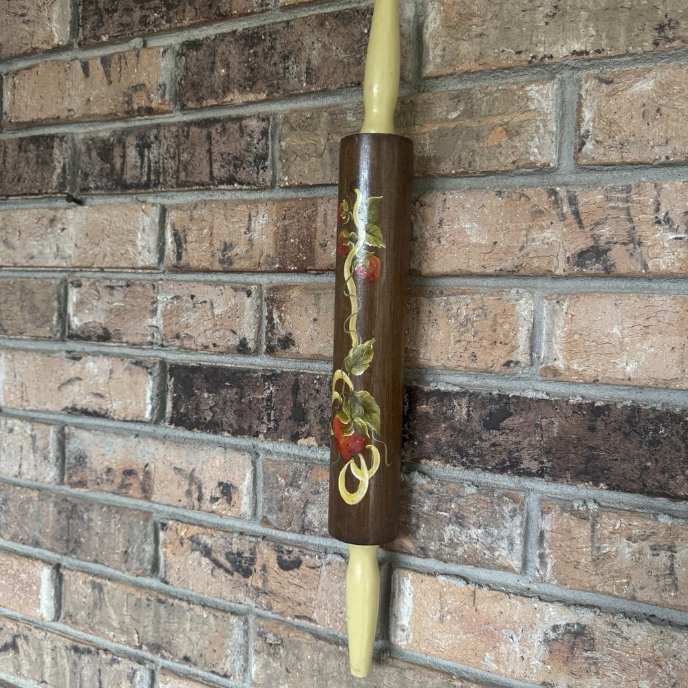 Primitive Hand Painted Wooden Rolling Pin Wall Hanging – Folk Art Strawberries - Picture 5 of 10